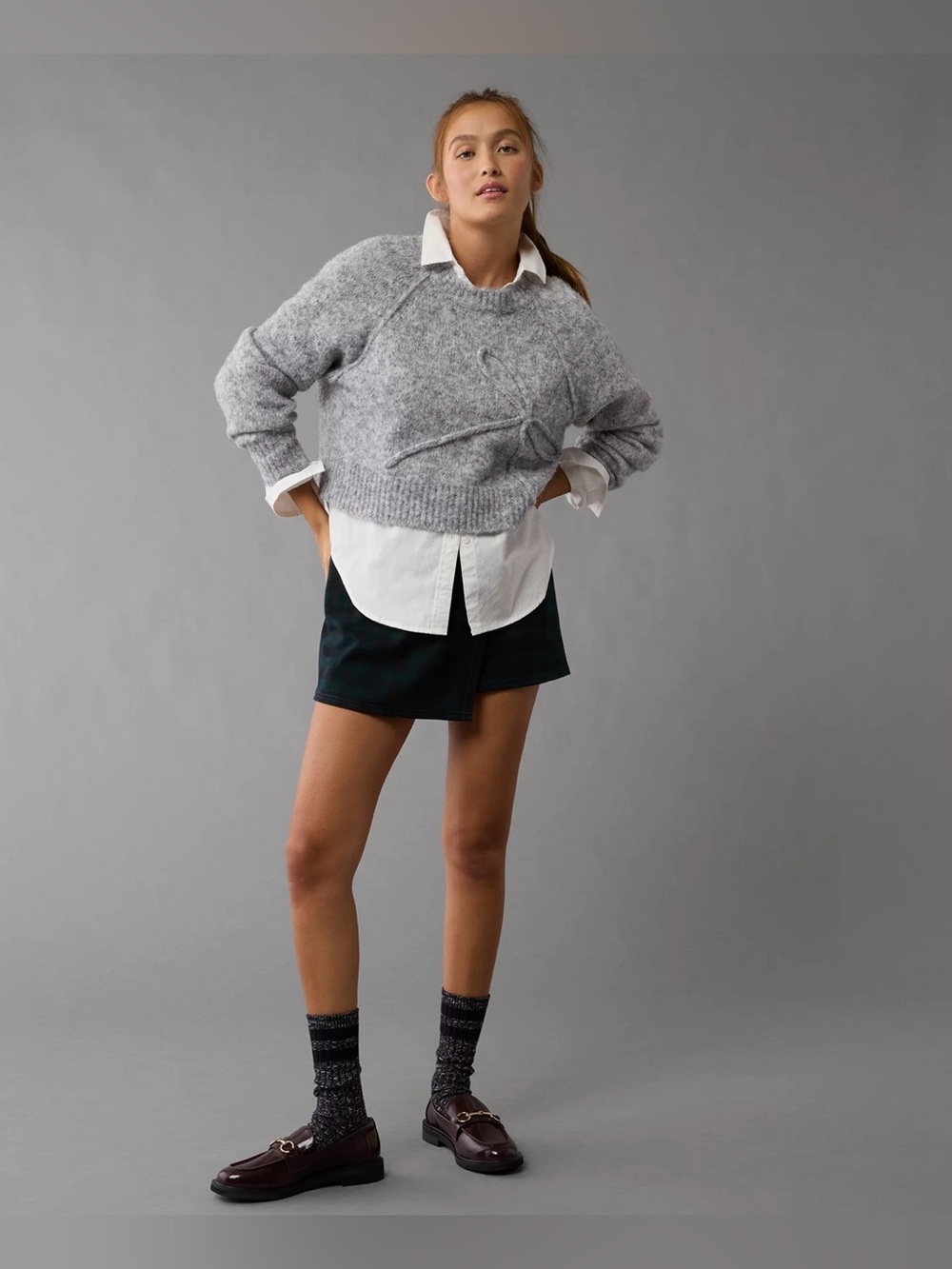 American Eagle Gray Cropped Bow-Detail Crewneck Sweater